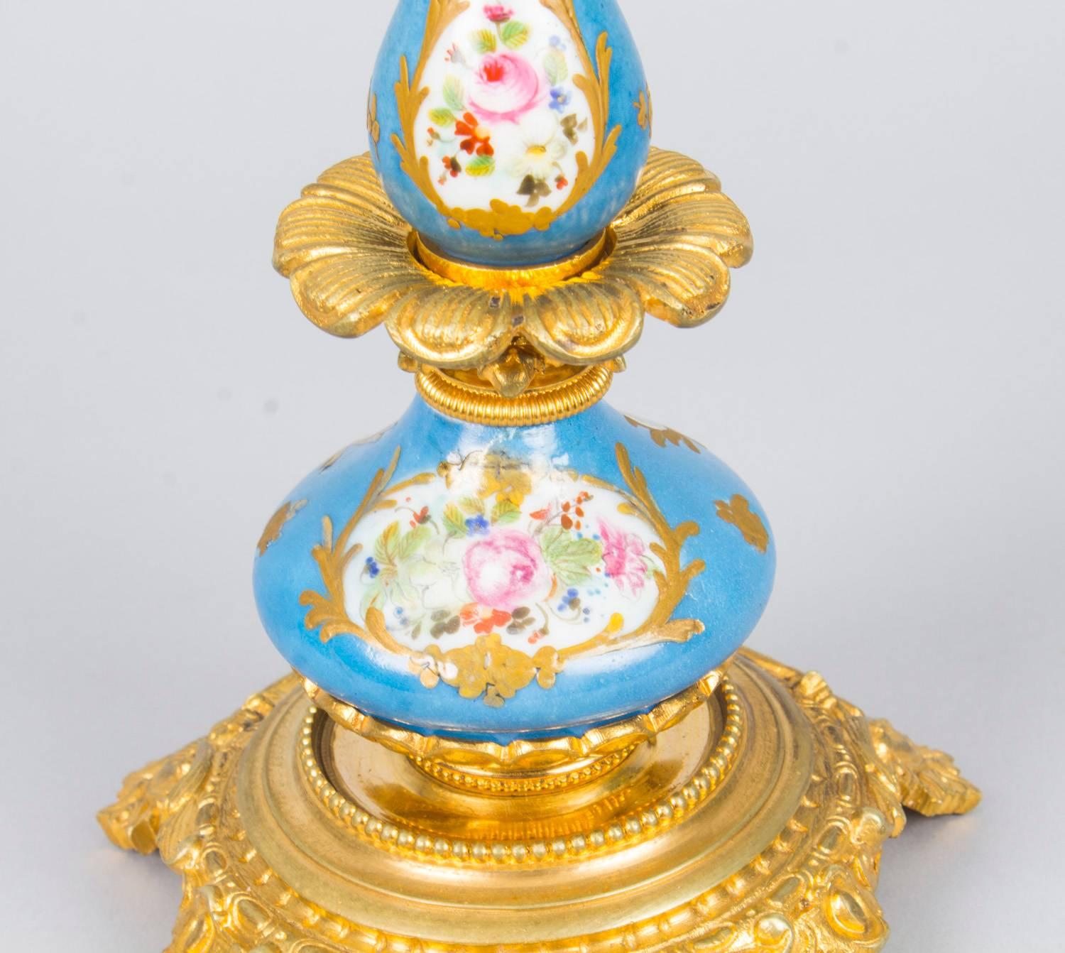 Late 19th Century Antique Pair of Sèvres Porcelain Ormolu Candlesticks, 19th Century