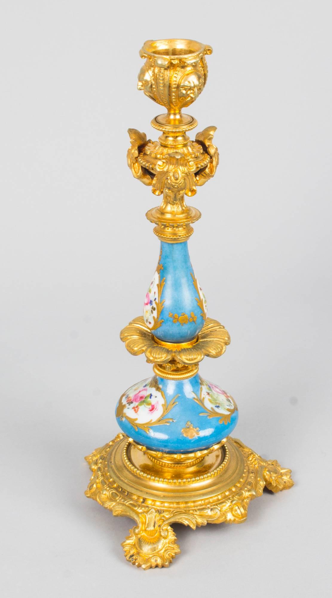 Antique Pair of Sèvres Porcelain Ormolu Candlesticks, 19th Century 2