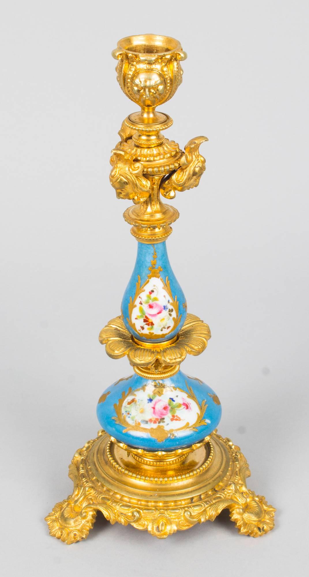 Antique Pair of Sèvres Porcelain Ormolu Candlesticks, 19th Century 3