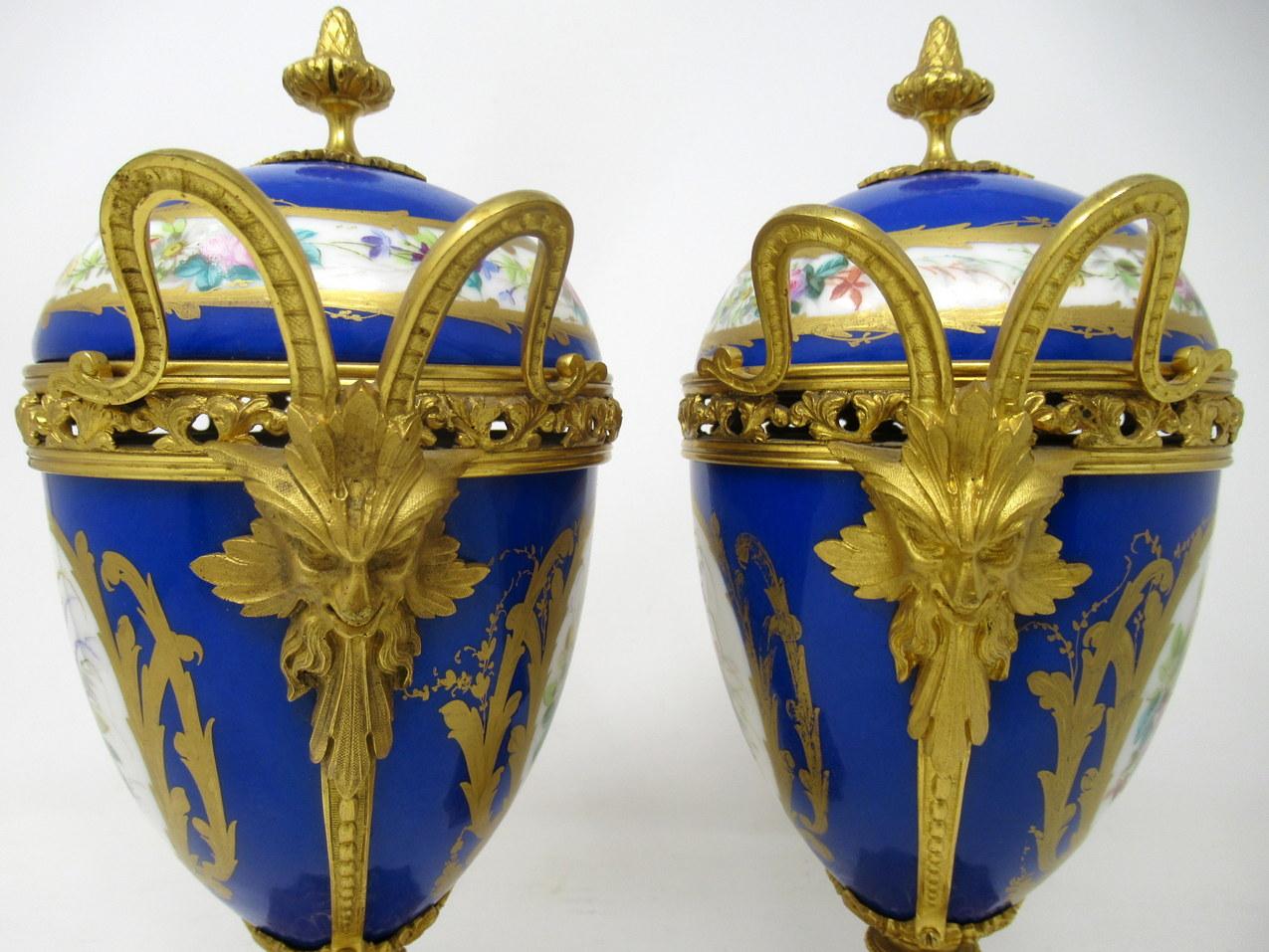 Antique Pair of Sèvres Porcelain Still Life Ormolu Cobalt Blue Urns Vases 4