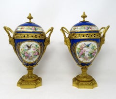 Antique Pair of Sèvres Porcelain Still Life Ormolu Cobalt Blue Urns Vases