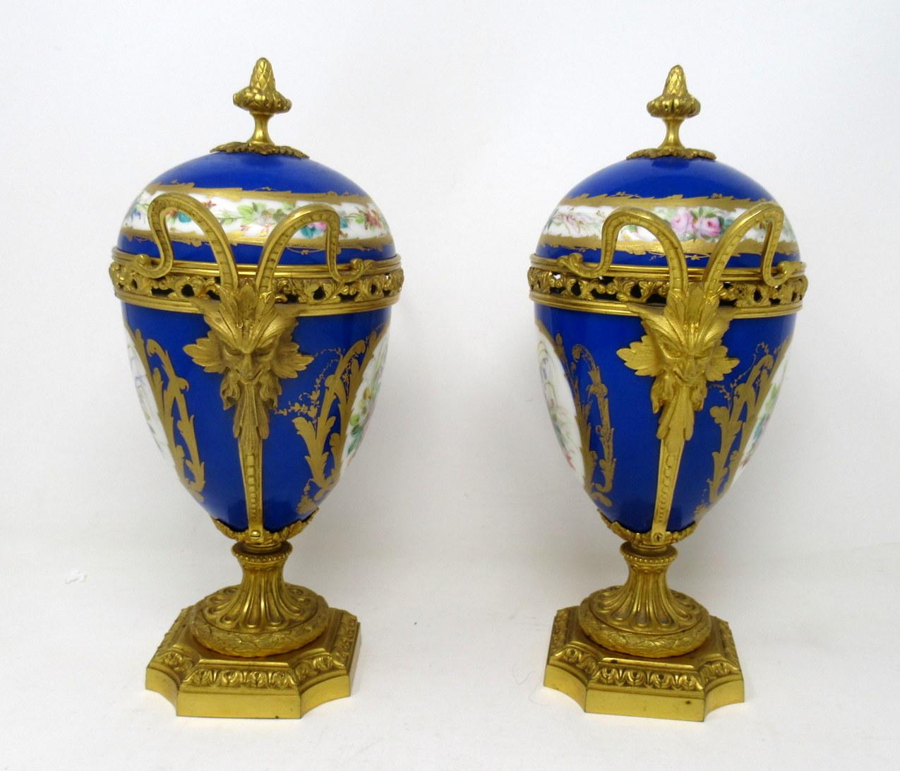 Late Victorian Antique Pair of Sèvres Porcelain Still Life Ormolu Cobalt Blue Urns Vases