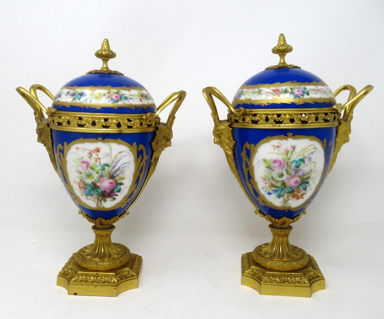 French Antique Pair of Sèvres Porcelain Still Life Ormolu Cobalt Blue Urns Vases