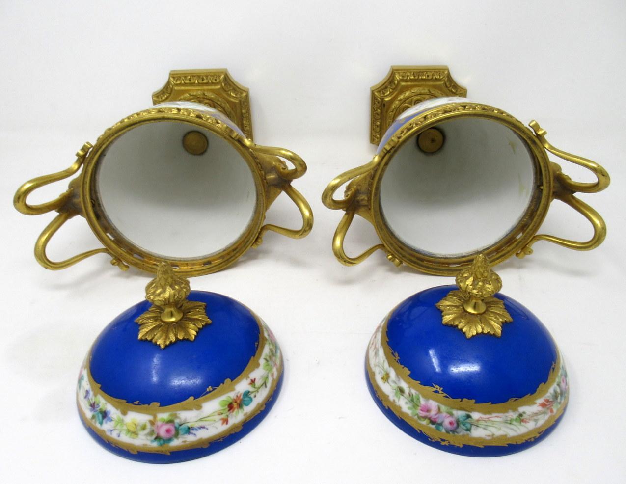 Ceramic Antique Pair of Sèvres Porcelain Still Life Ormolu Cobalt Blue Urns Vases