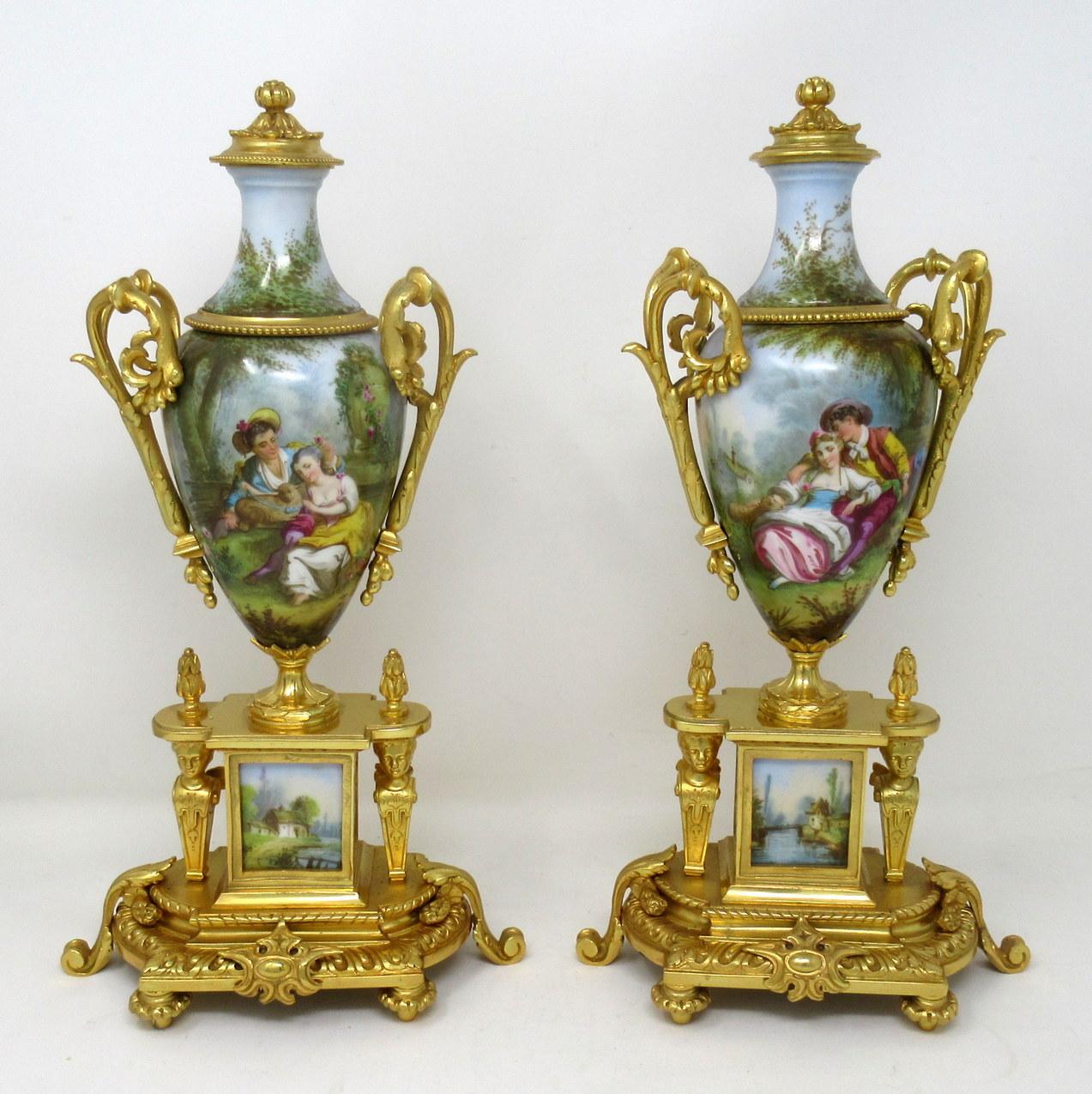 Late Victorian Antique Pair of Sèvres Porcelain Watteau Scene Gilt Bronze Landscape Urns Vases