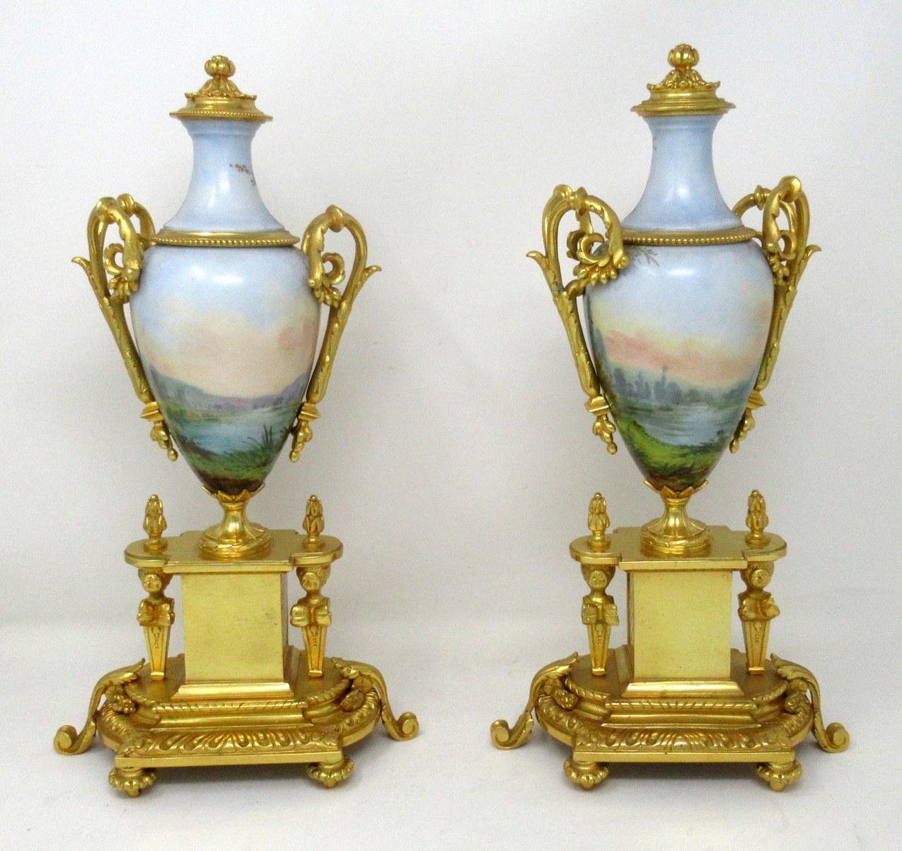 French Antique Pair of Sèvres Porcelain Watteau Scene Gilt Bronze Landscape Urns Vases