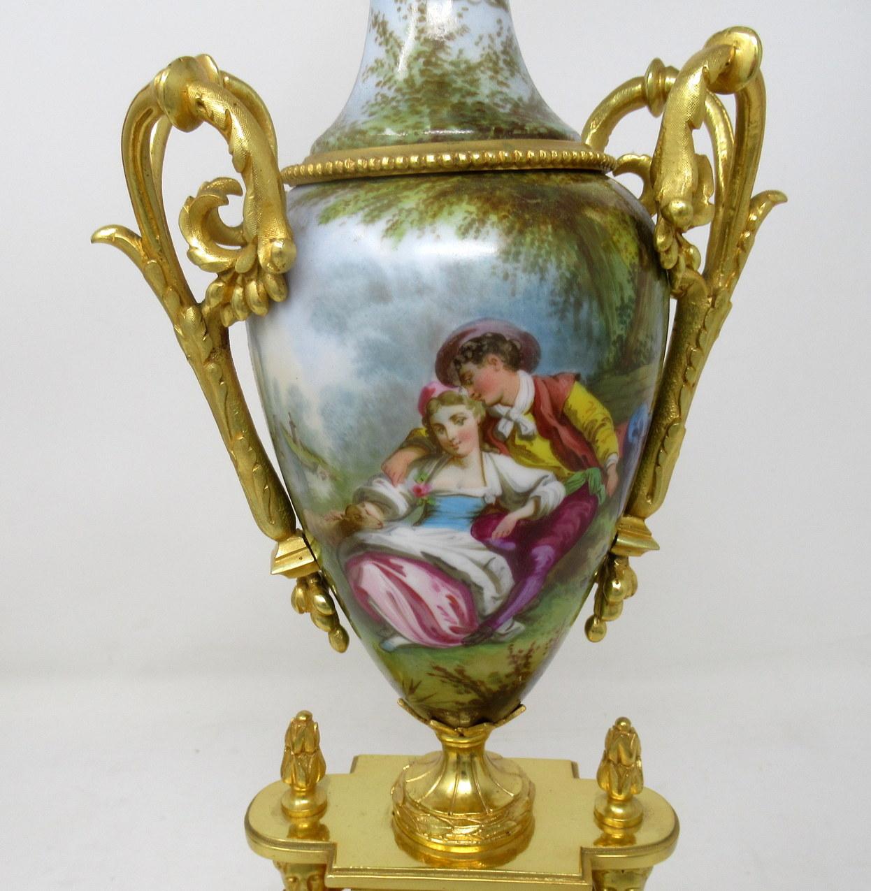 Antique Pair of Sèvres Porcelain Watteau Scene Gilt Bronze Landscape Urns Vases In Good Condition In Dublin, Ireland