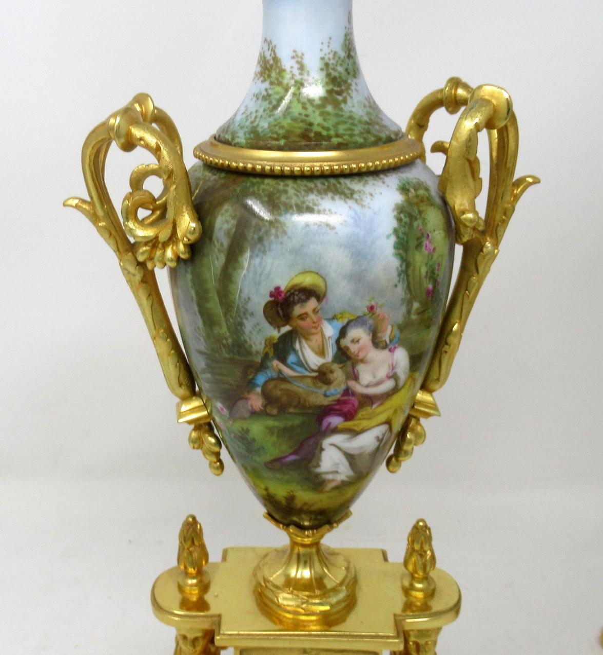 19th Century Antique Pair of Sèvres Porcelain Watteau Scene Gilt Bronze Landscape Urns Vases