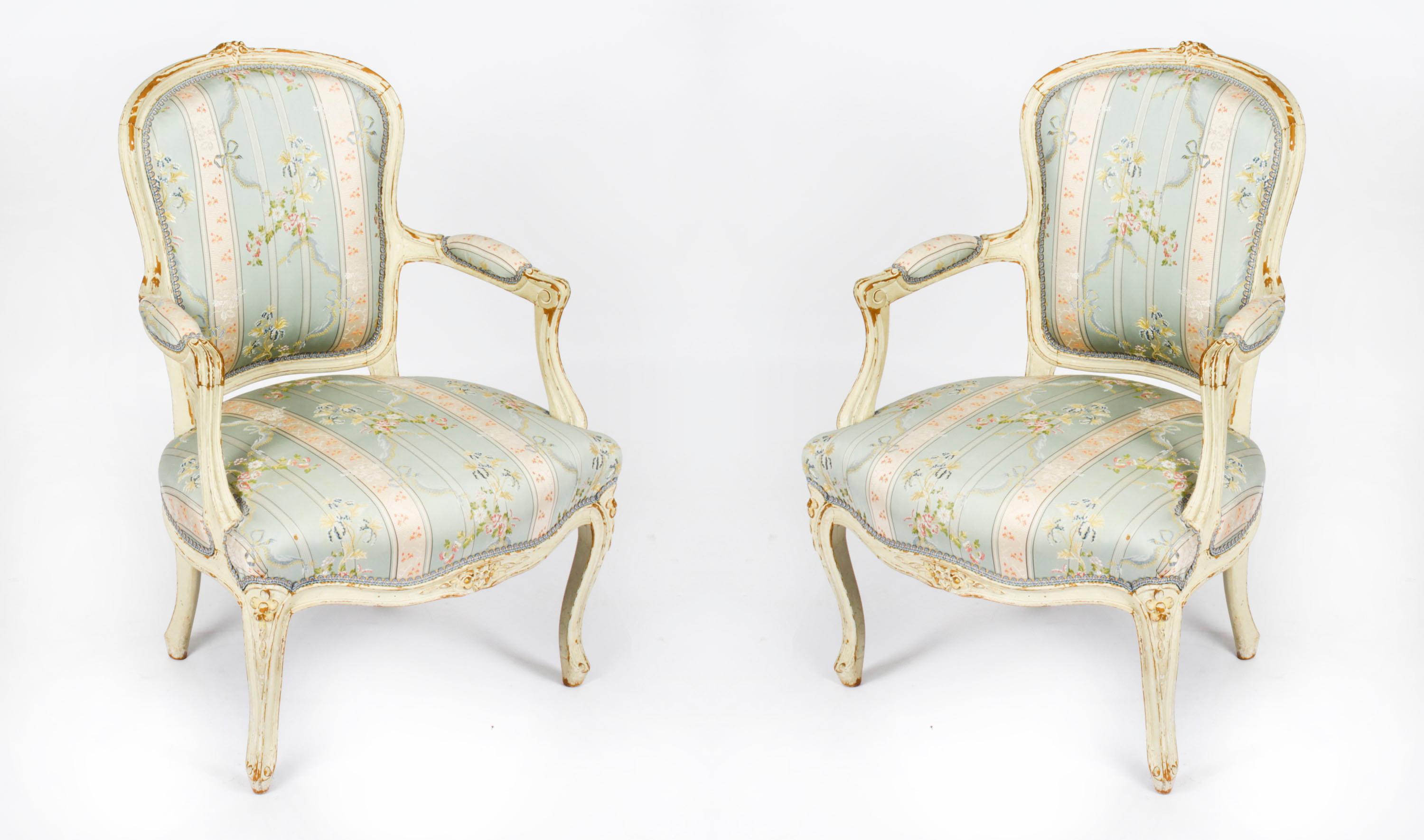 Antique Pair Shabby Chic Louis Revival French Painted Armchairs, 19th Century For Sale 12