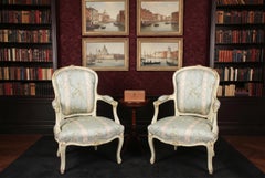 Antique Pair Shabby Chic Louis Revival French Painted Armchairs, 19th Century
