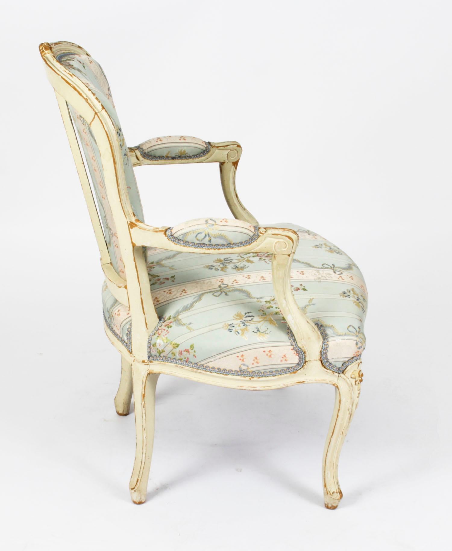 Late 19th Century Antique Pair Shabby Chic Louis Revival French Painted Armchairs, 19th Century For Sale