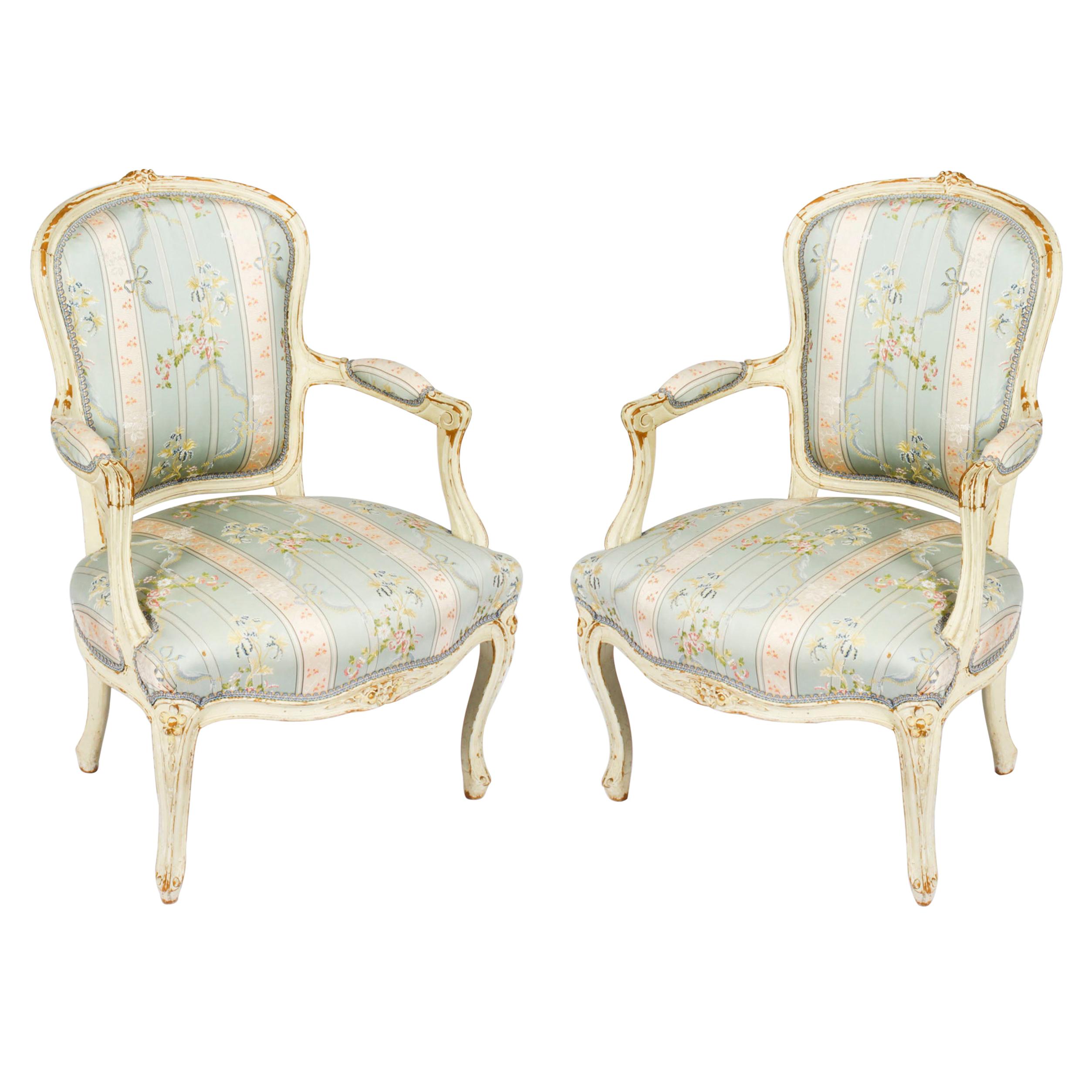 Antique Pair Shabby Chic Louis Revival French Painted Armchairs, 19th Century For Sale