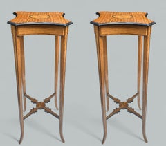 Antique Pair Sheraton Revival Edwardian Inlaid Satinwood Wine Tables Torcheres