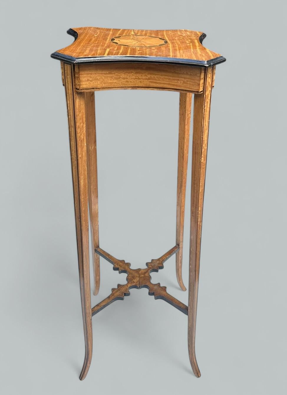 Polished Antique Pair Sheraton Revival Edwardian Inlaid Satinwood Wine Tables Torcheres For Sale