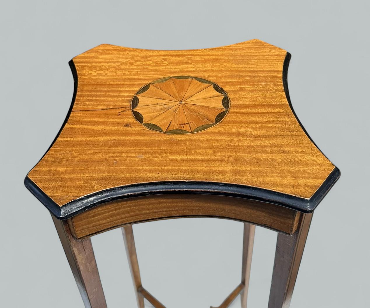 19th Century Antique Pair Sheraton Revival Edwardian Inlaid Satinwood Wine Tables Torcheres For Sale