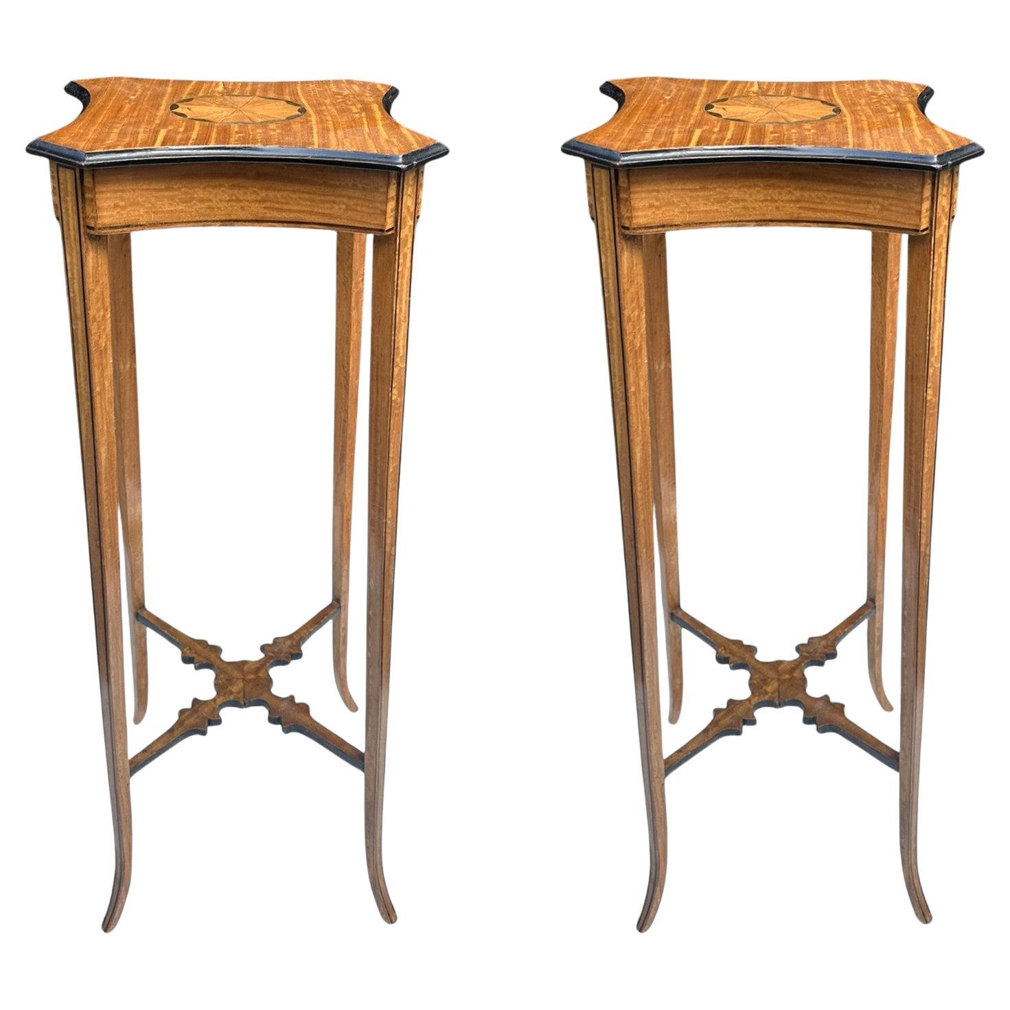 Antique Pair Sheraton Revival Edwardian Inlaid Satinwood Wine Tables Torcheres