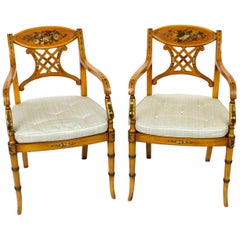 Antique Pair Sheraton Revival Painted Satinwood Armchairs, 1920s