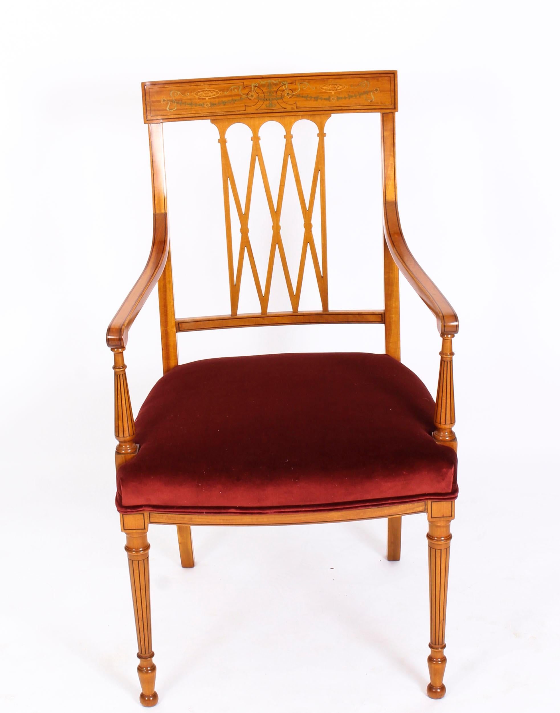 Antique Pair of Sheraton Revival Satinwood Armchairs by Maple and Co