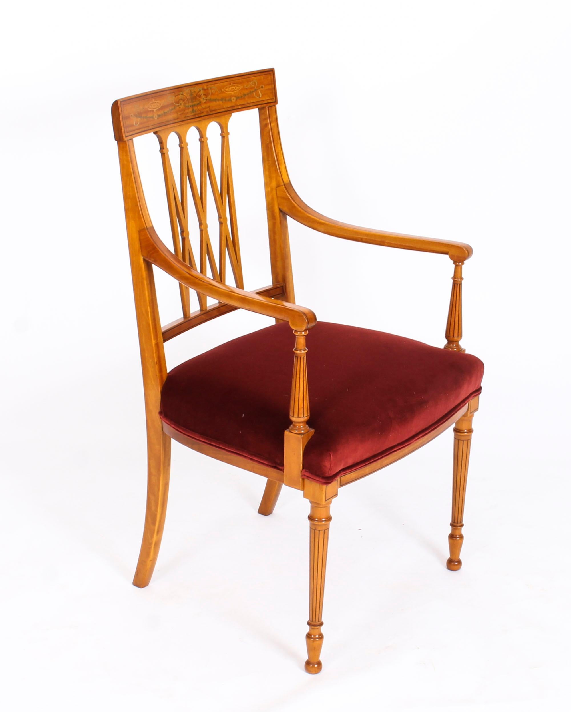 Antique Pair of Sheraton Revival Satinwood Armchairs by Maple and Co