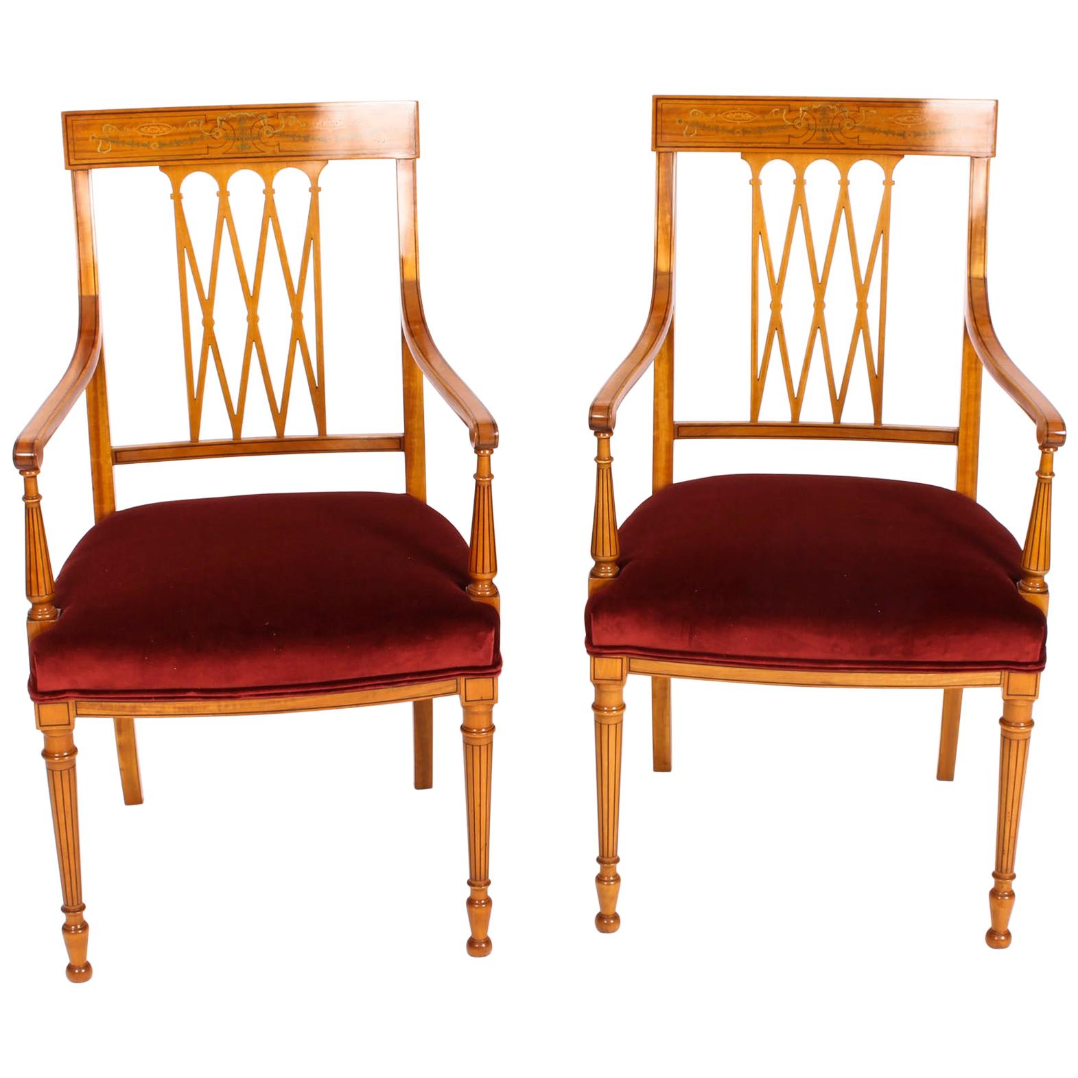Antique Pair of Sheraton Revival Satinwood Armchairs by Maple and Co