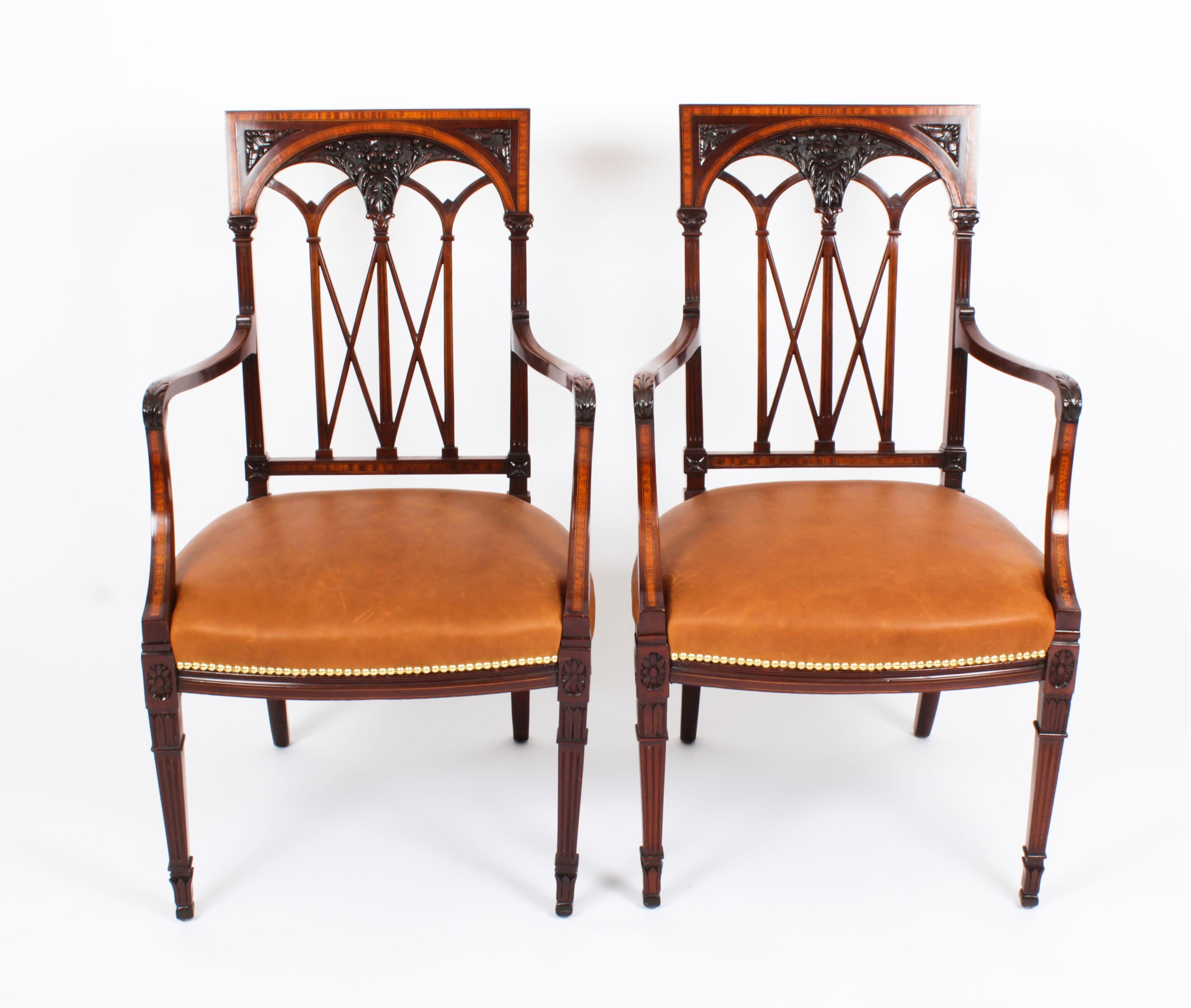 Antique Pair Sheraton Revival Satinwood Banded Arm Chairs, 19th Century 15