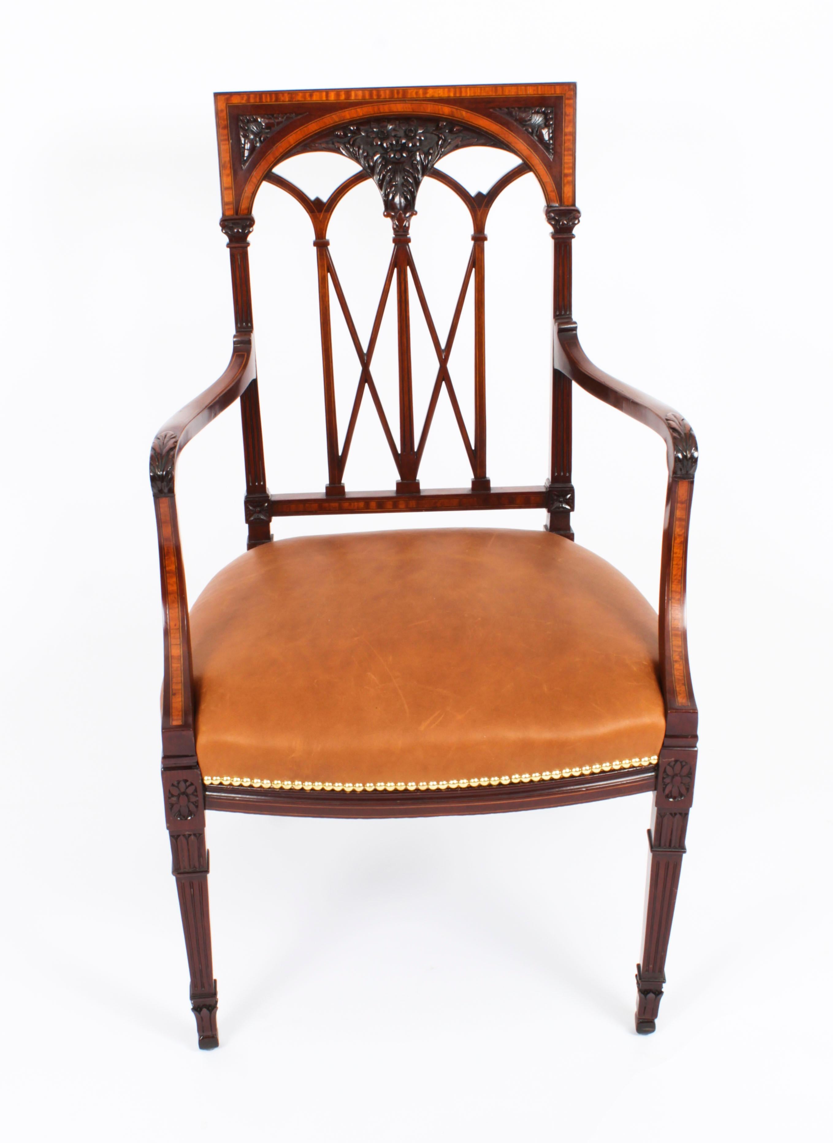 Antique Pair Sheraton Revival Satinwood Banded Arm Chairs, 19th Century In Good Condition In London, GB
