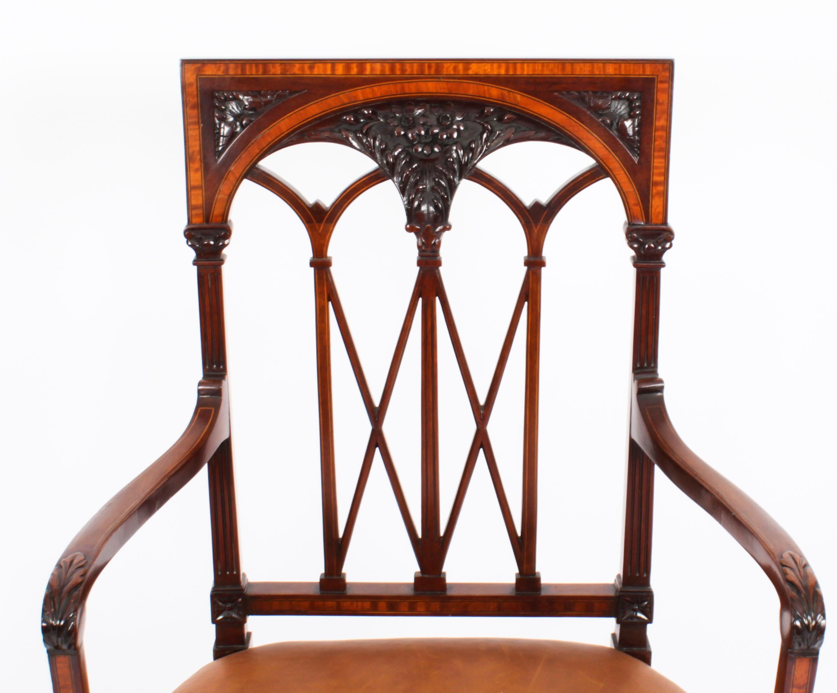 Late 19th Century Antique Pair Sheraton Revival Satinwood Banded Arm Chairs, 19th Century