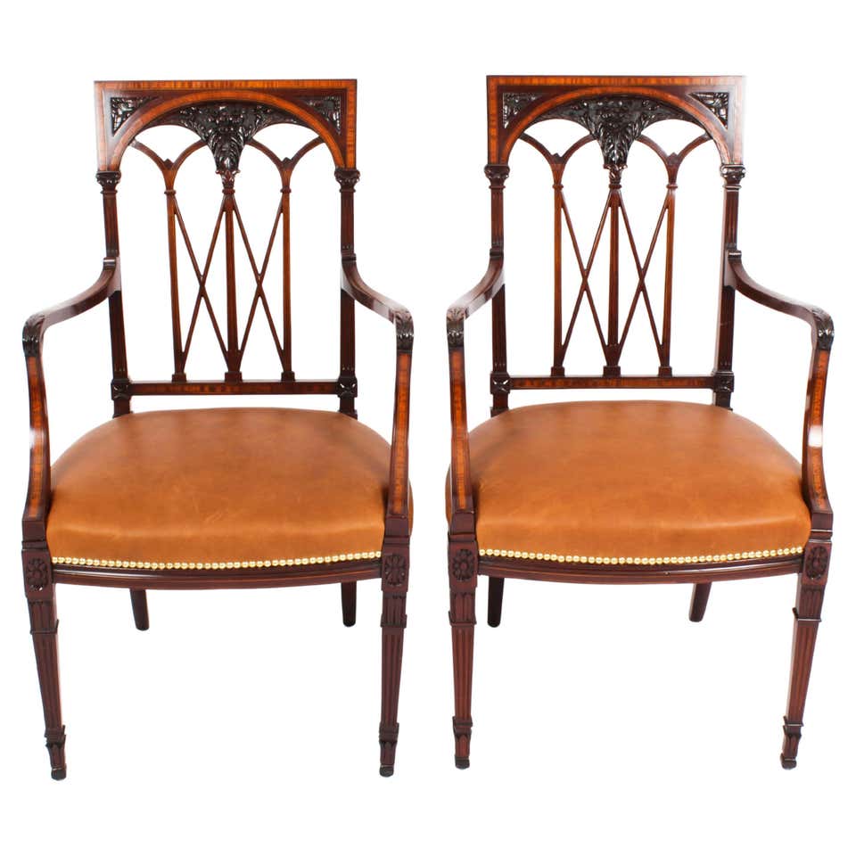 Antique Pair Sheraton Revival Satinwood Banded Arm Chairs, 19th Century ...