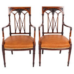 Antique Pair Sheraton Revival Satinwood Banded Arm Chairs, 19th Century