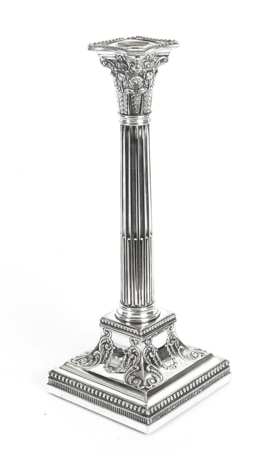 English Antique Pair of Silver Plated Candlesticks by James Dixon, 19th Century