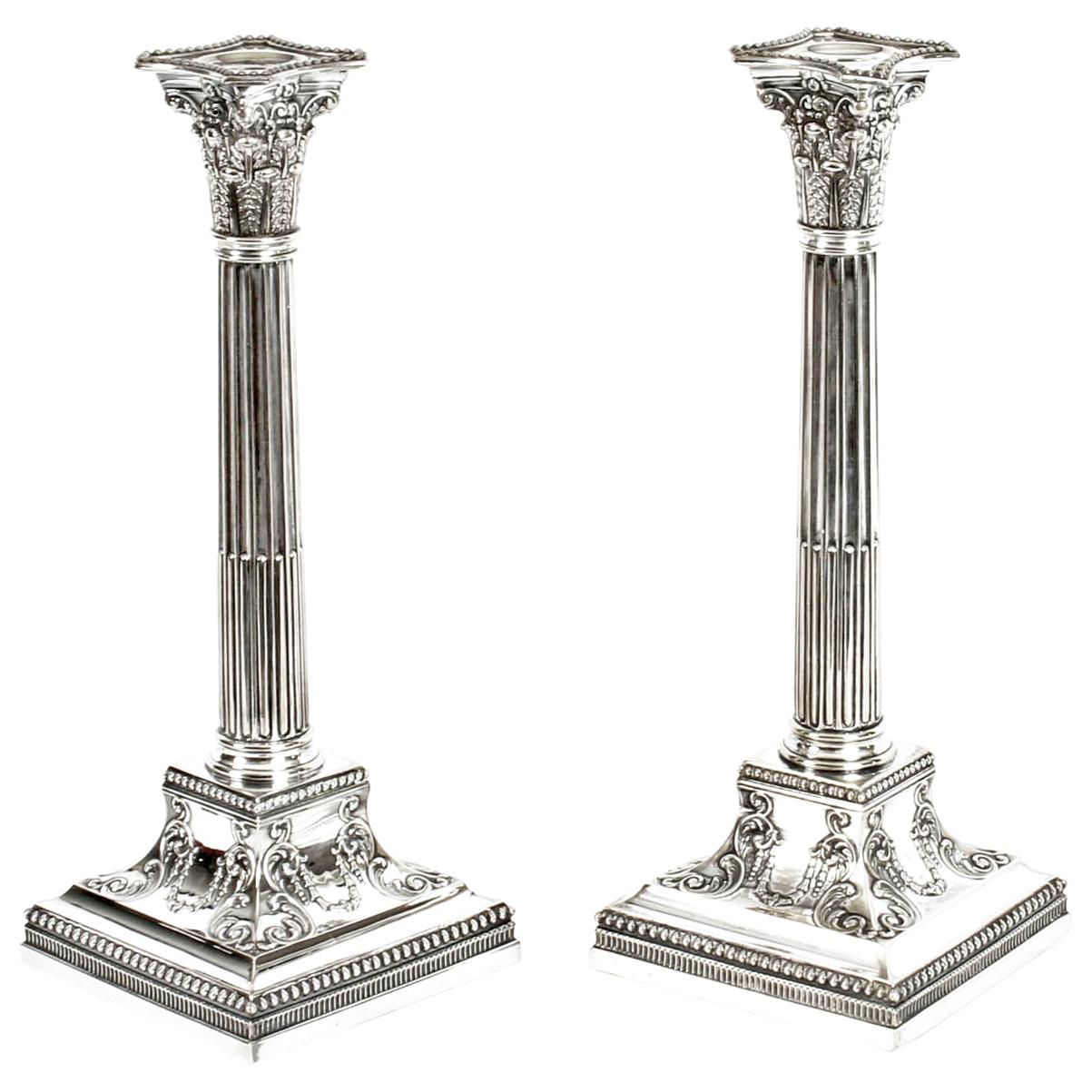 Antique Pair of Silver Plated Candlesticks by James Dixon, 19th Century