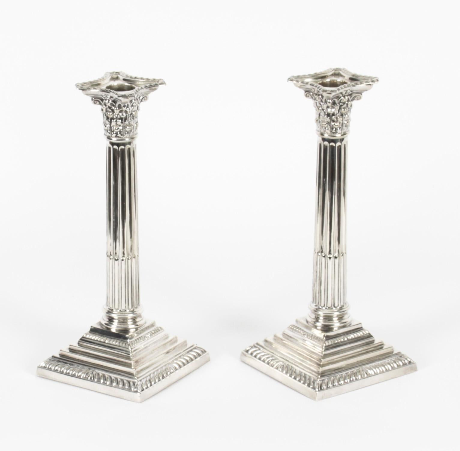 Antique Pair Silver Plated Candlesticks Corinthian column Late 19th C 5