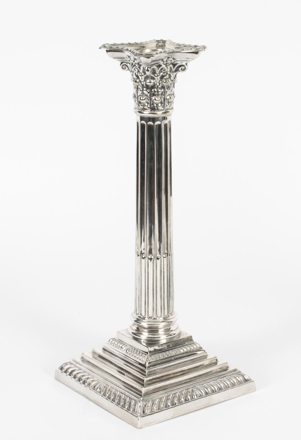 Victorian Antique Pair Silver Plated Candlesticks Corinthian column Late 19th C