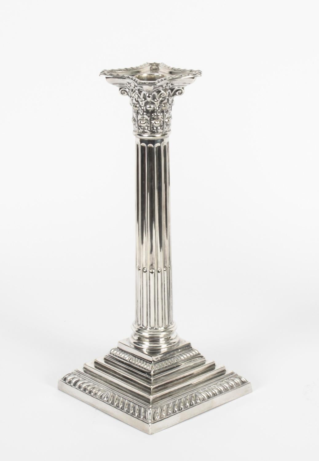 English Antique Pair Silver Plated Candlesticks Corinthian column Late 19th C