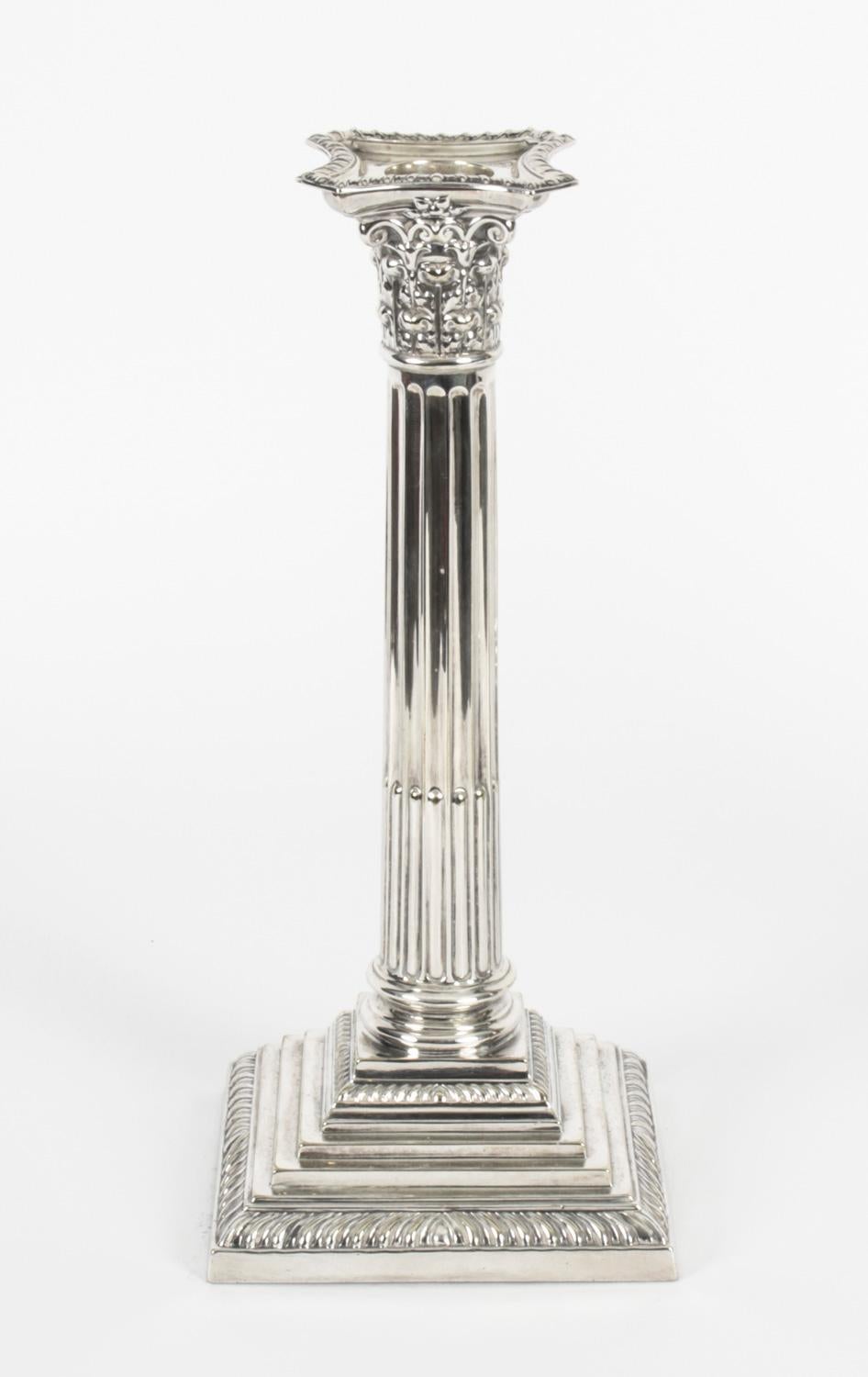 Antique Pair Silver Plated Candlesticks Corinthian column Late 19th C In Good Condition In London, GB