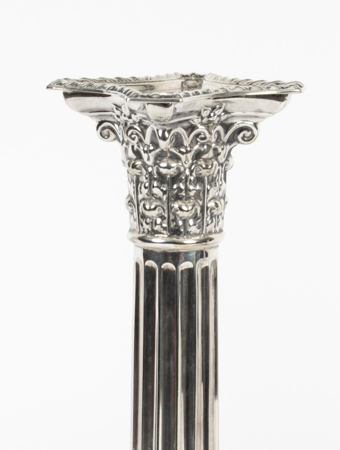 Late 19th Century Antique Pair Silver Plated Candlesticks Corinthian column Late 19th C