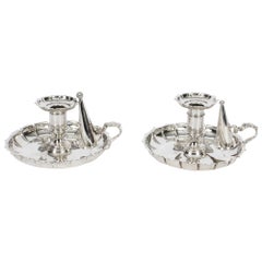 Antique Pair Silver Plated Chamber Candlesticks, 19th C