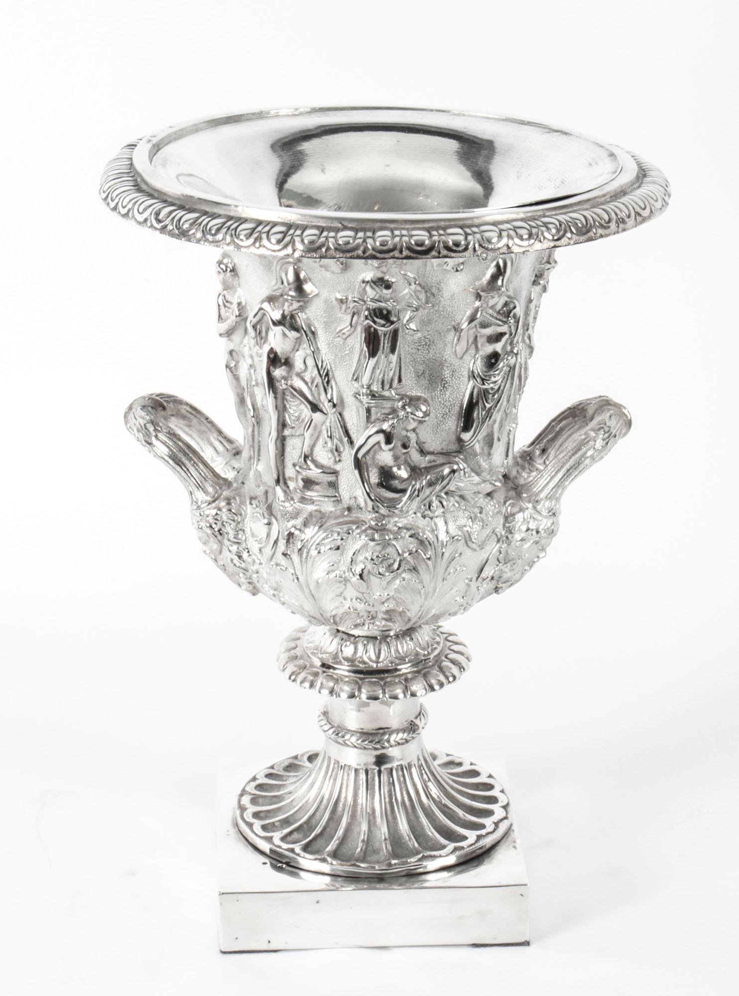 Pair of Silver Plated Grand Tour Borghese Bronze Campana Urns, 19th Century 9