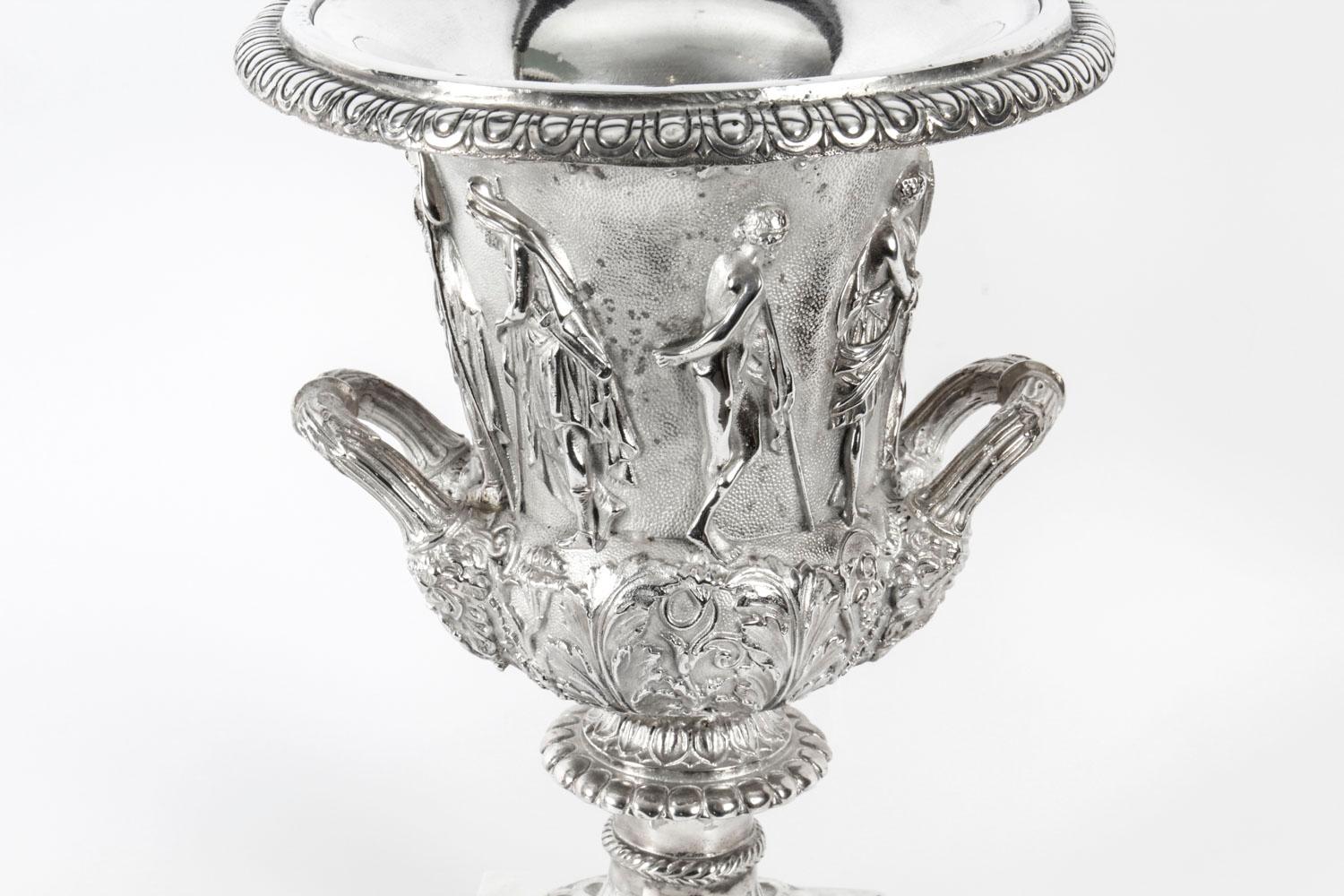 Pair of Silver Plated Grand Tour Borghese Bronze Campana Urns, 19th Century 10