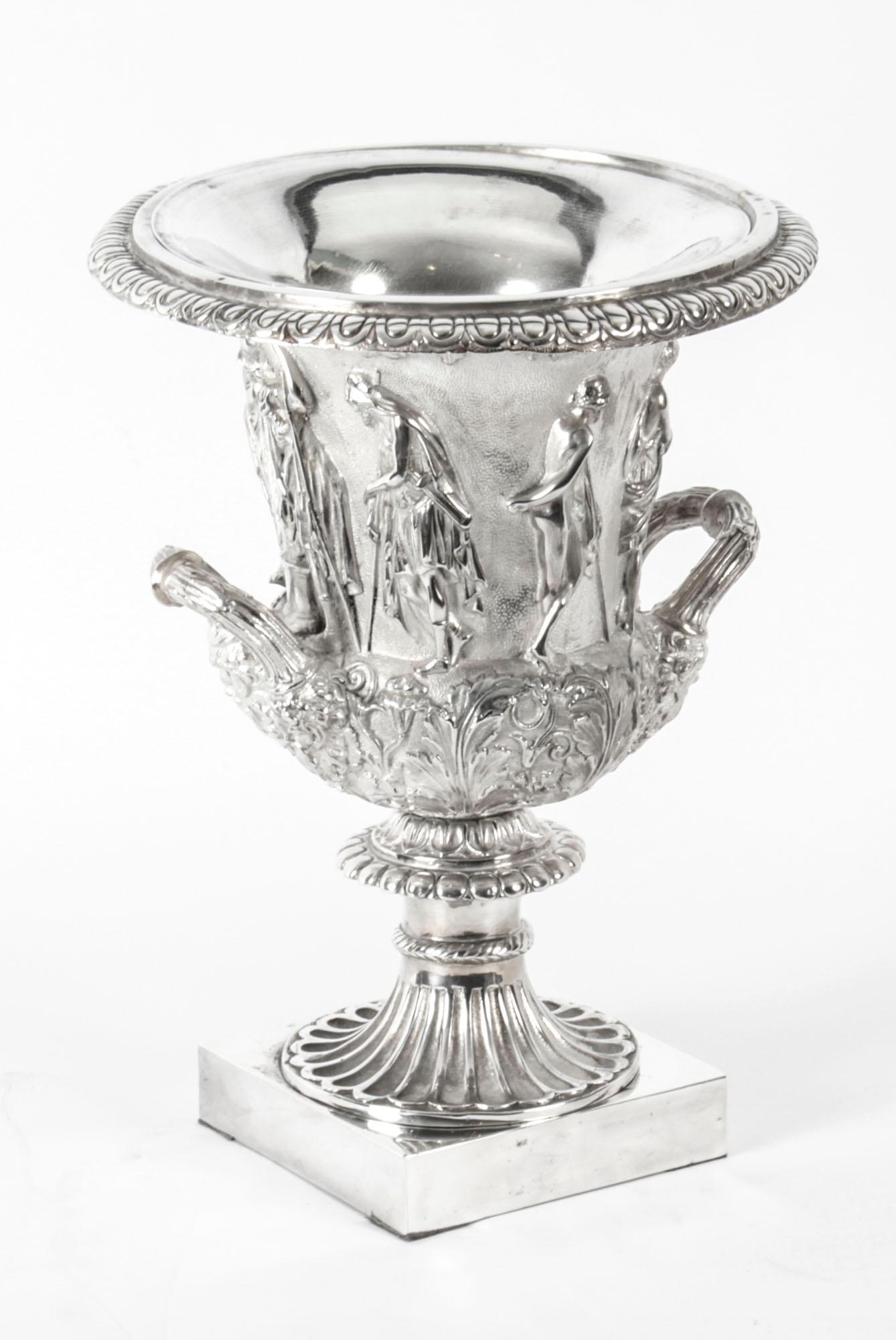 Pair of Silver Plated Grand Tour Borghese Bronze Campana Urns, 19th Century 16