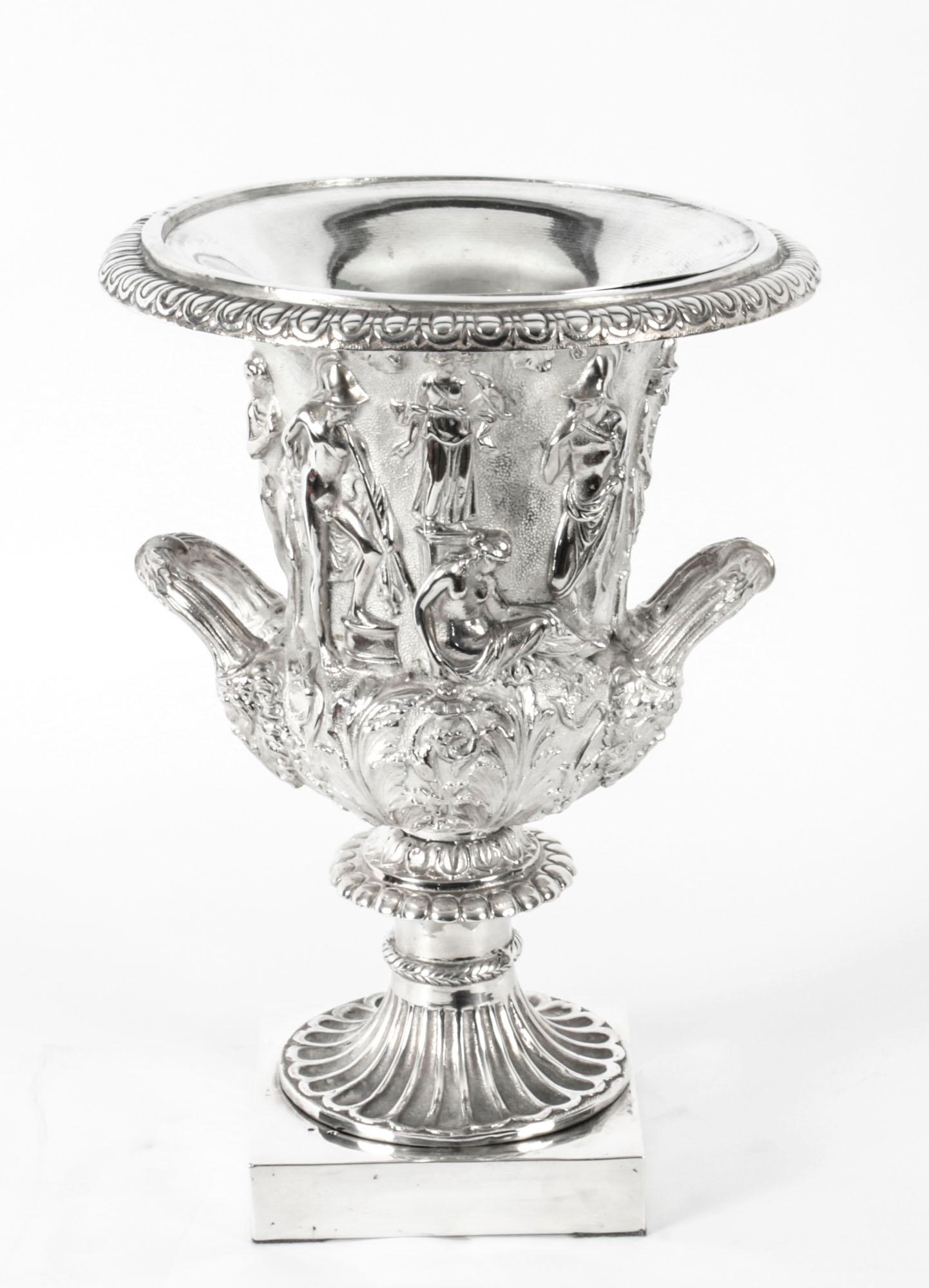 Pair of Silver Plated Grand Tour Borghese Bronze Campana Urns, 19th Century In Good Condition In London, GB