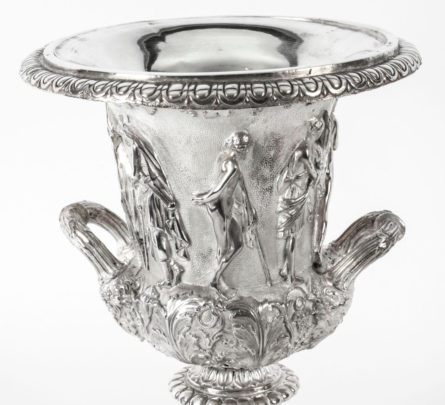 Late 19th Century Pair of Silver Plated Grand Tour Borghese Bronze Campana Urns, 19th Century