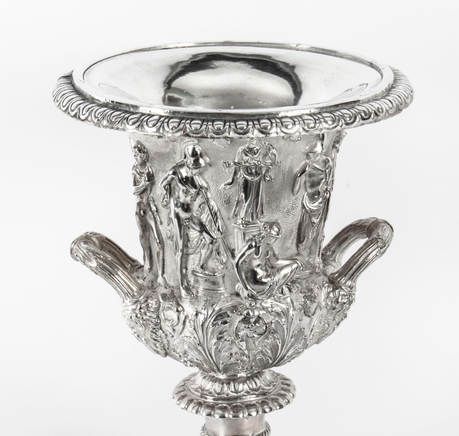 Pair of Silver Plated Grand Tour Borghese Bronze Campana Urns, 19th Century 4