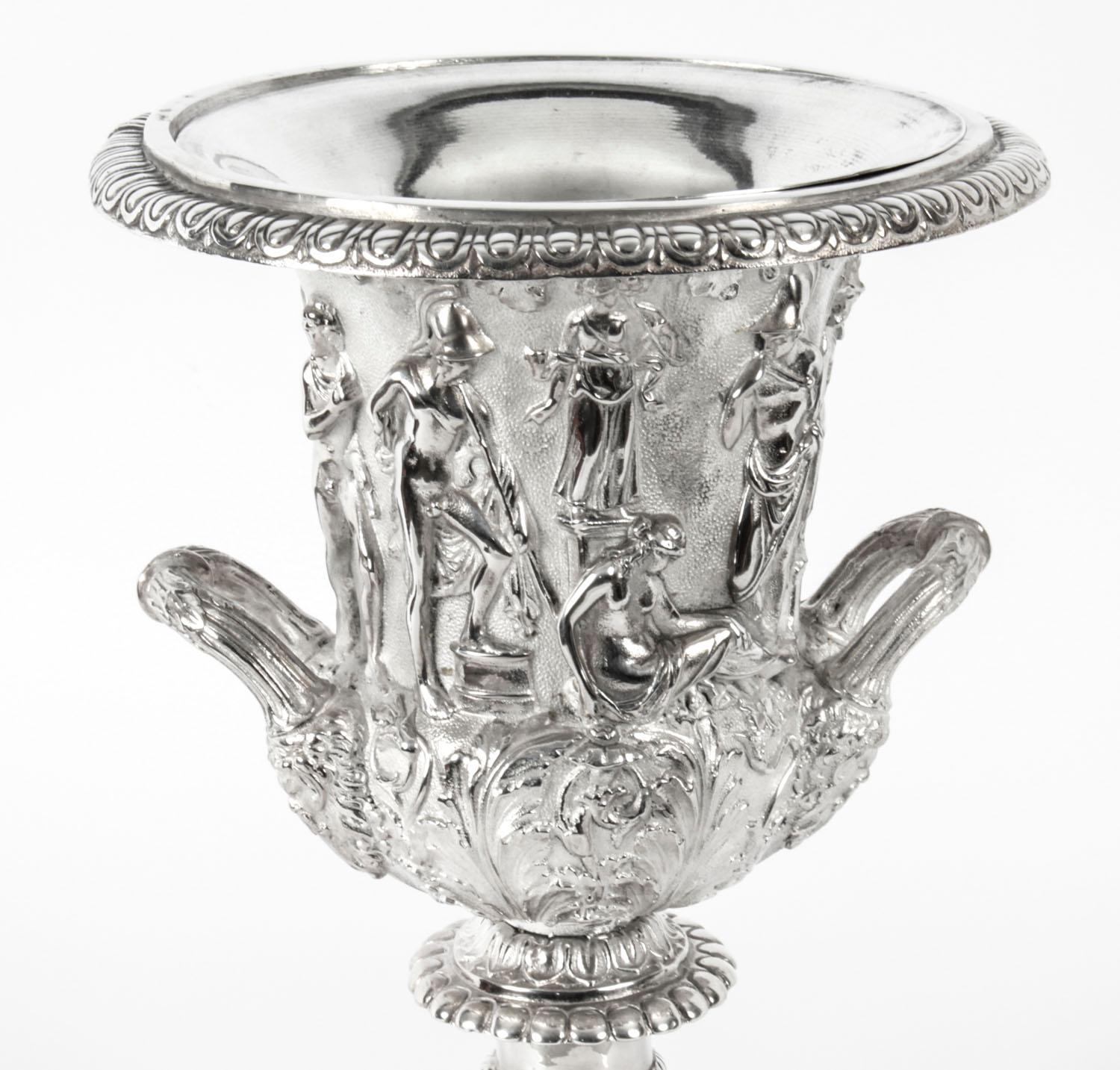 Pair of Silver Plated Grand Tour Borghese Bronze Campana Urns, 19th Century 5