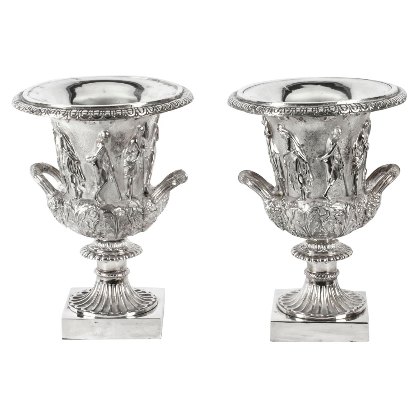 Pair of Silver Plated Grand Tour Borghese Bronze Campana Urns, 19th Century