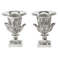 Pair of Silver Plated Grand Tour Borghese Bronze Campana Urns, 19th Century