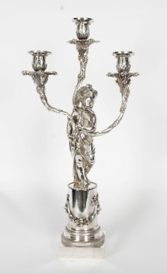 Antique Pair Silver Plated Three Light Cherub Figural Candelabra 19th Century