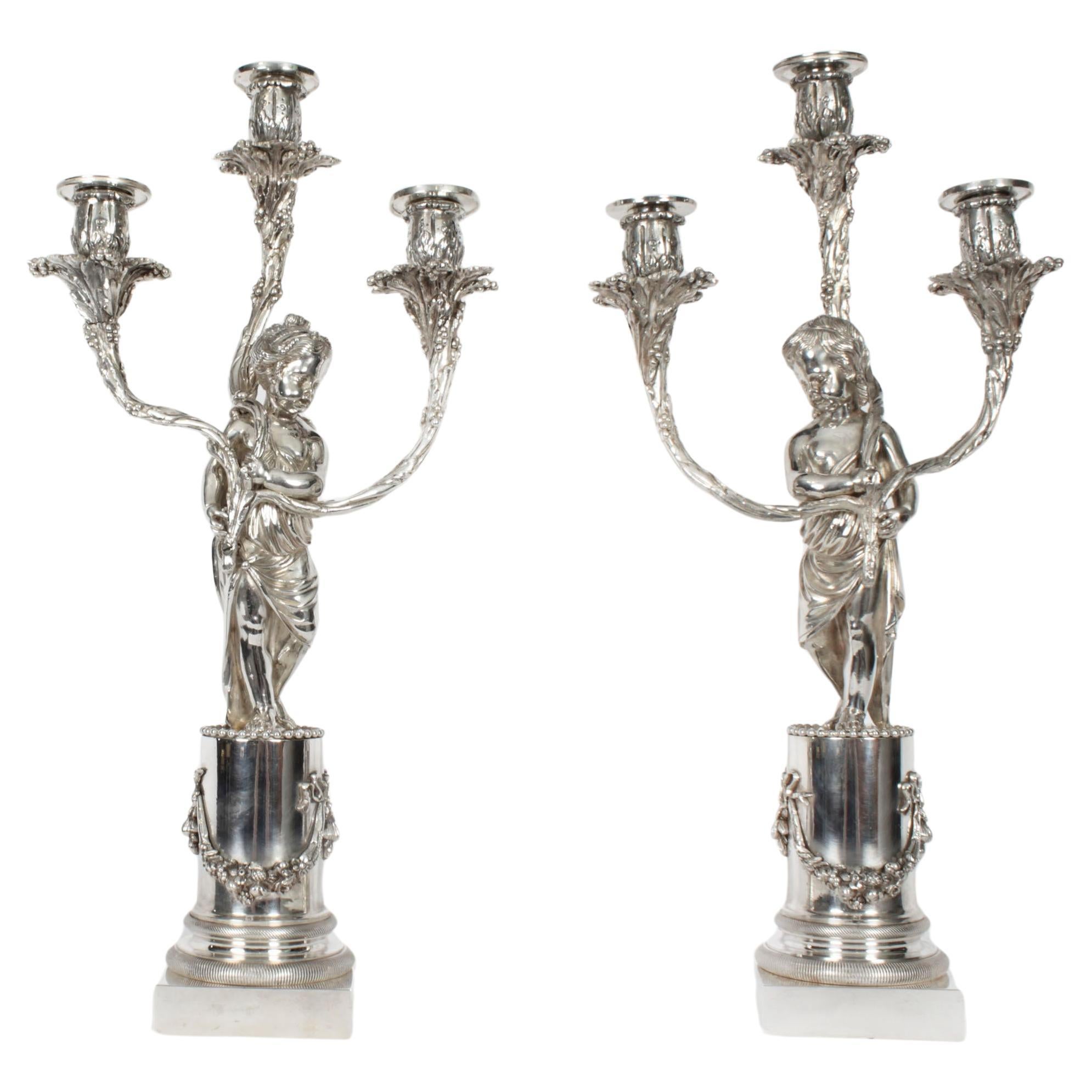 Antique Pair Silver Plated Three Light Cherub Figural Candelabra 19th Century