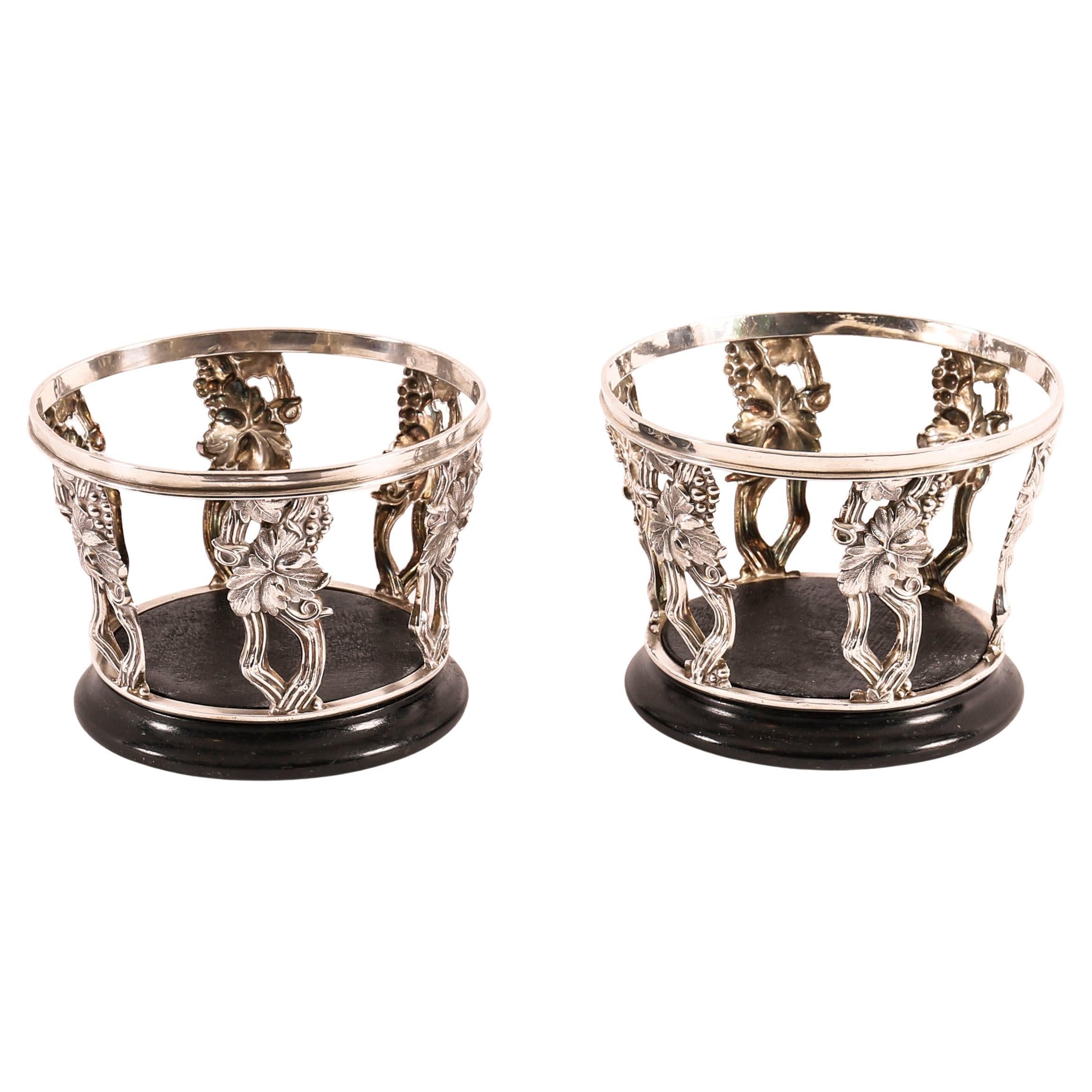 Antique Pair Silver Plated Wine Bottle Coasters 20th Century