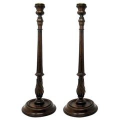 Antique Pair Solid Mahogany Walnut Carved Treen Desk Candlesticks Candelabra 19C